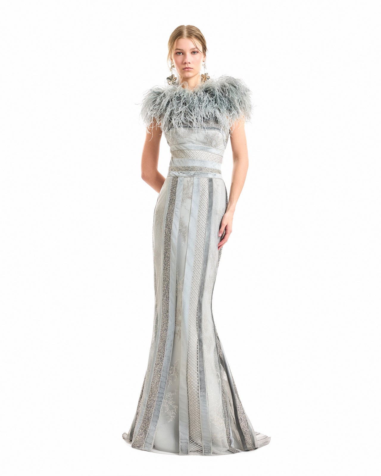 Embroidered Panel Dress with Feathered Bolero
