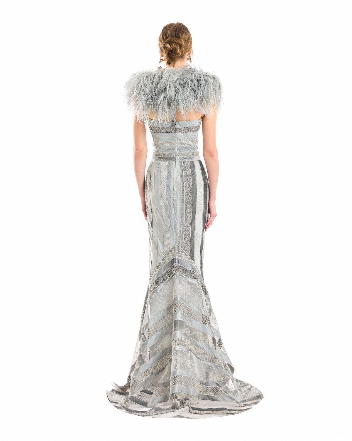 Embroidered Panel Dress with Feathered Bolero