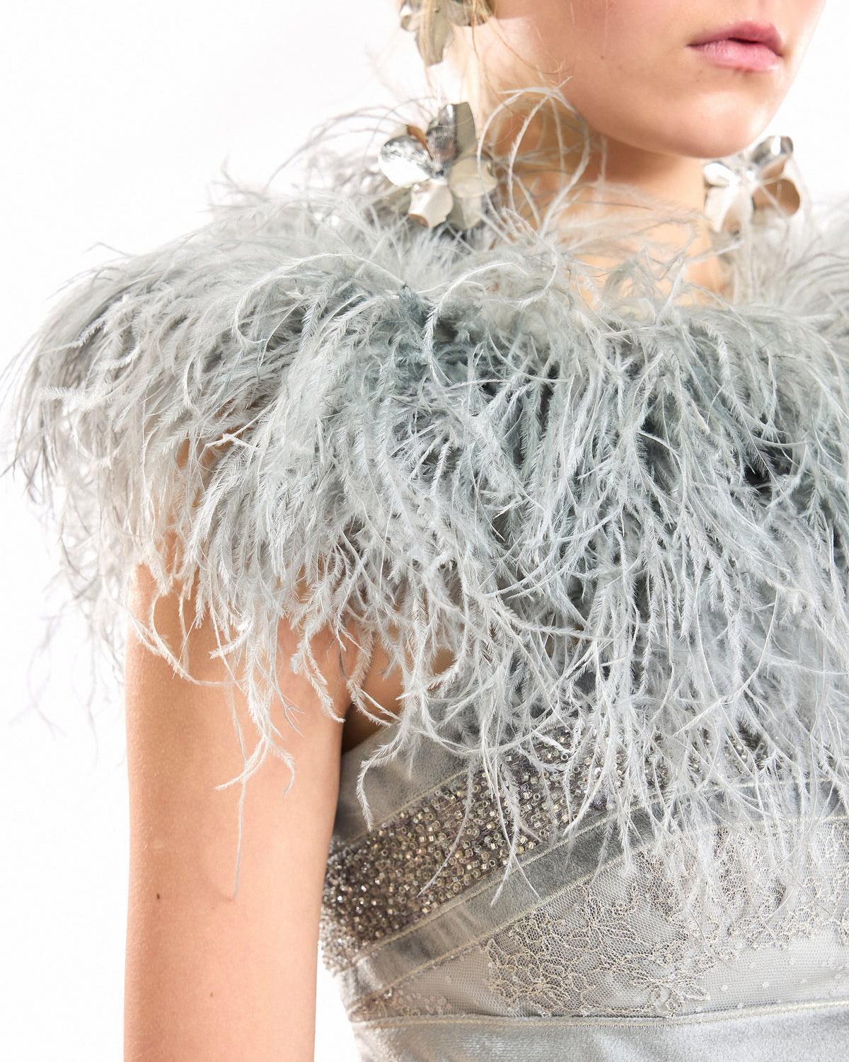 Embroidered Panel Dress with Feathered Bolero