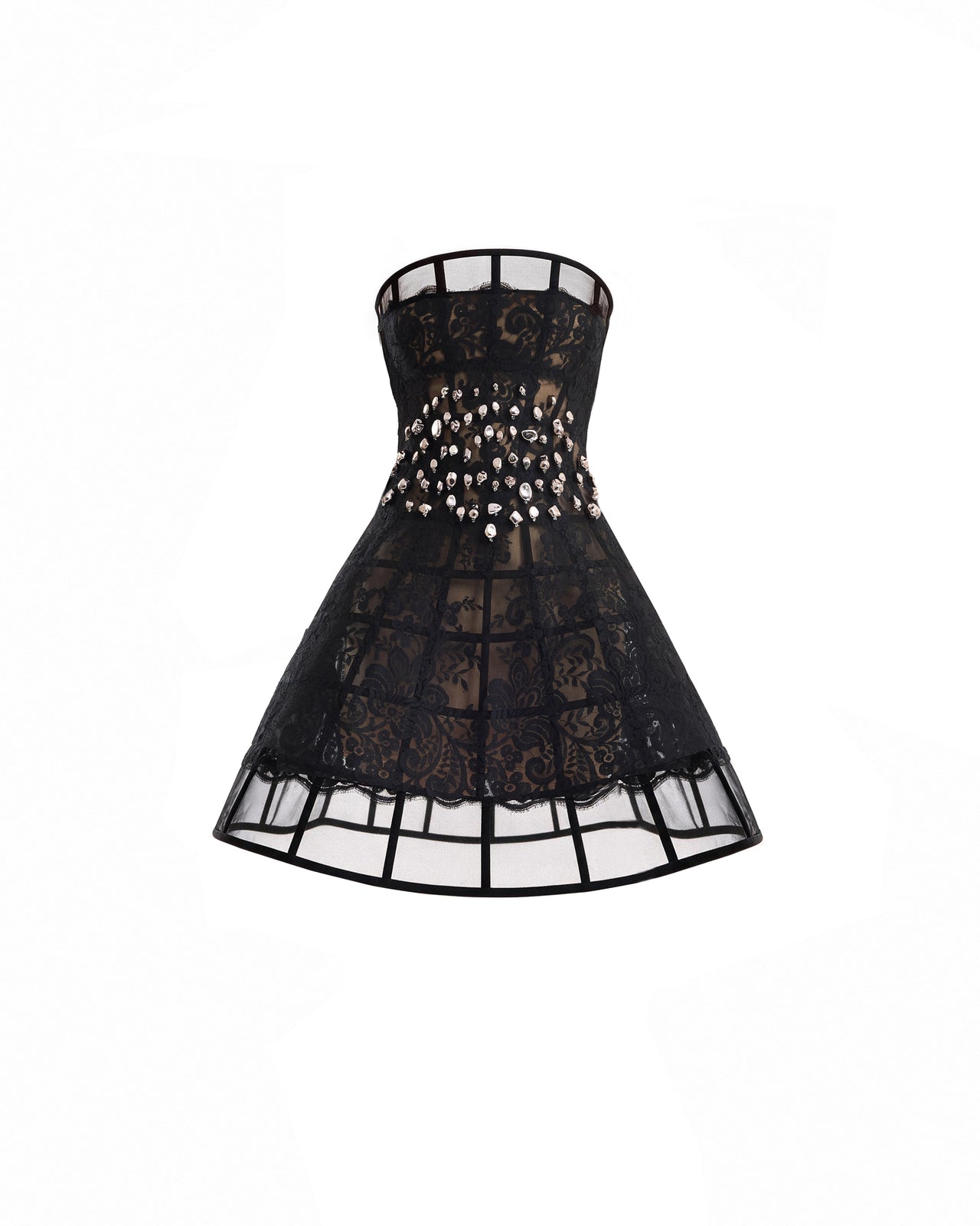 A black lace corset-style mini dress with sheer mesh panels and a decorative band of rhinestones around the waist, shown against a plain white background.