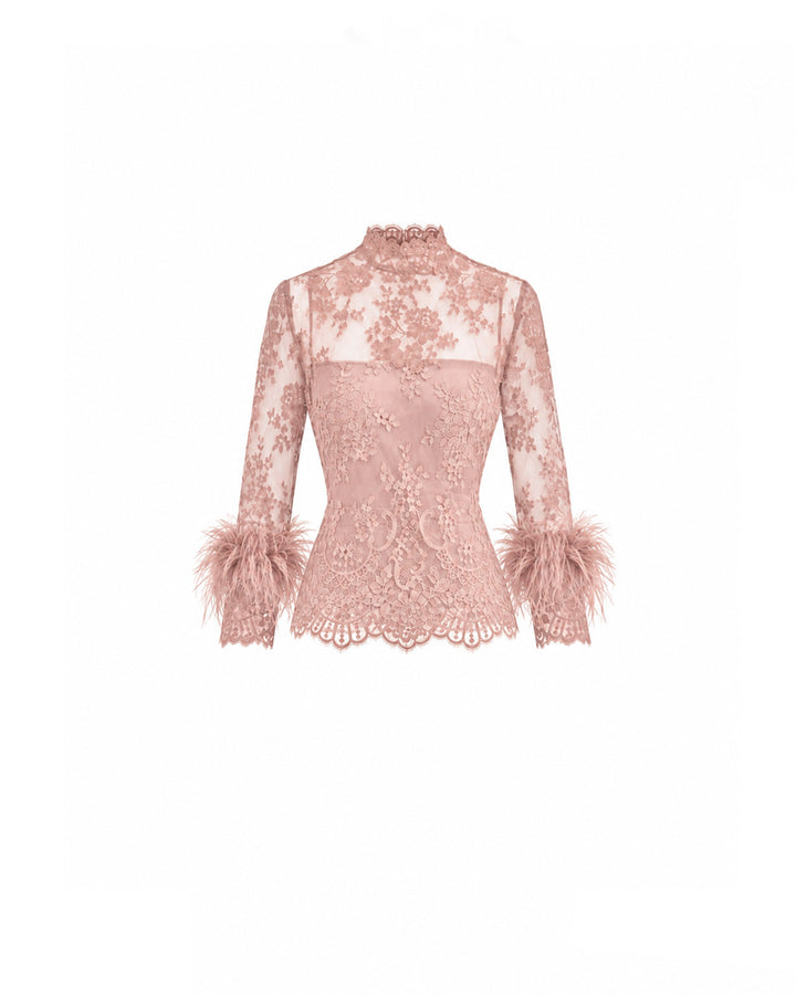 Sheer Lace Feather-Trim Top