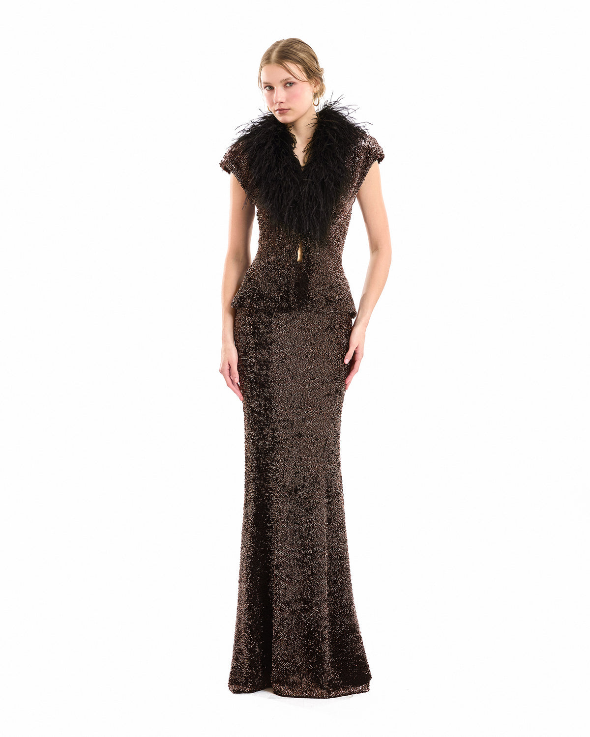 Sequined Feathered V-Neck Top