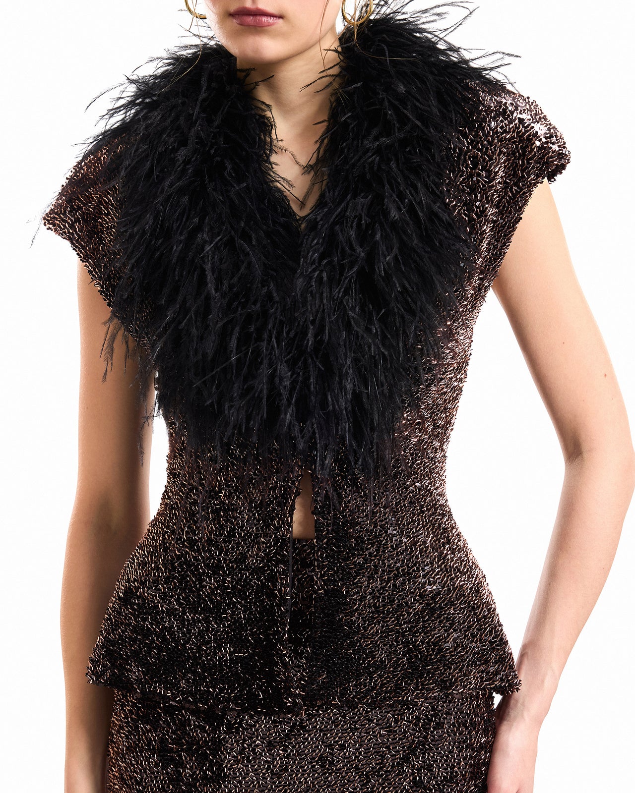 Sequined Feathered V-Neck Top