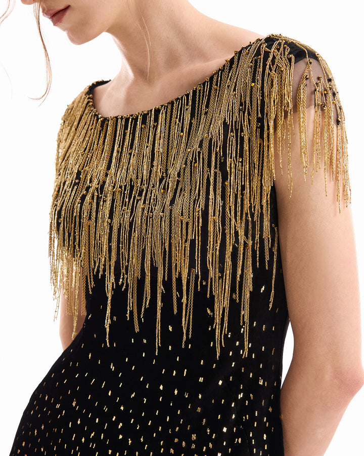 Off-Shoulder Beaded Fringe Dress