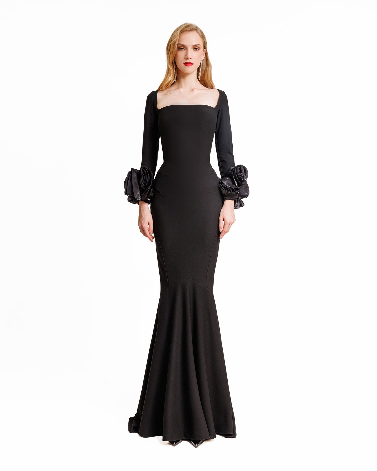 Long Fitted Dress With Floral Cuffs