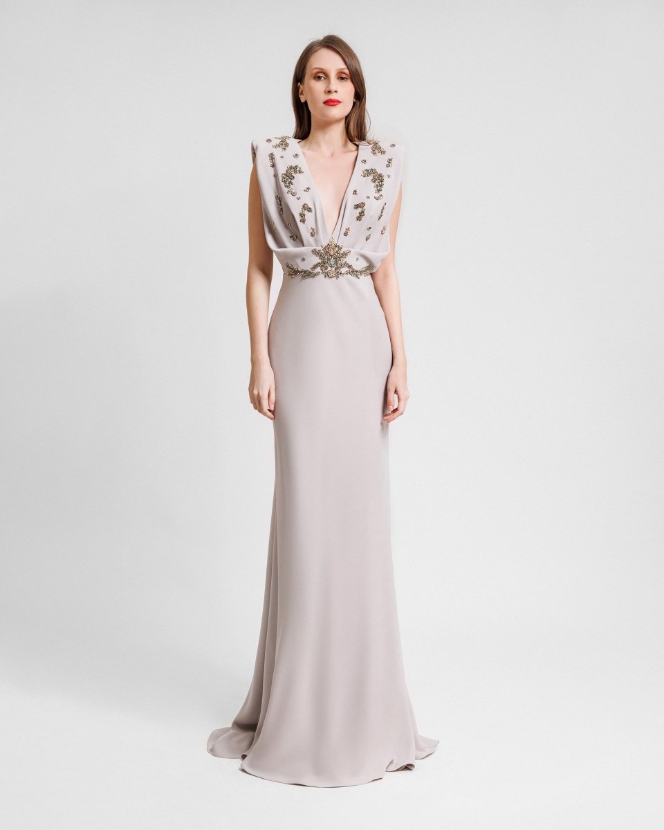 V - Neckline Crepe Long Dress - Gemy Maalouf