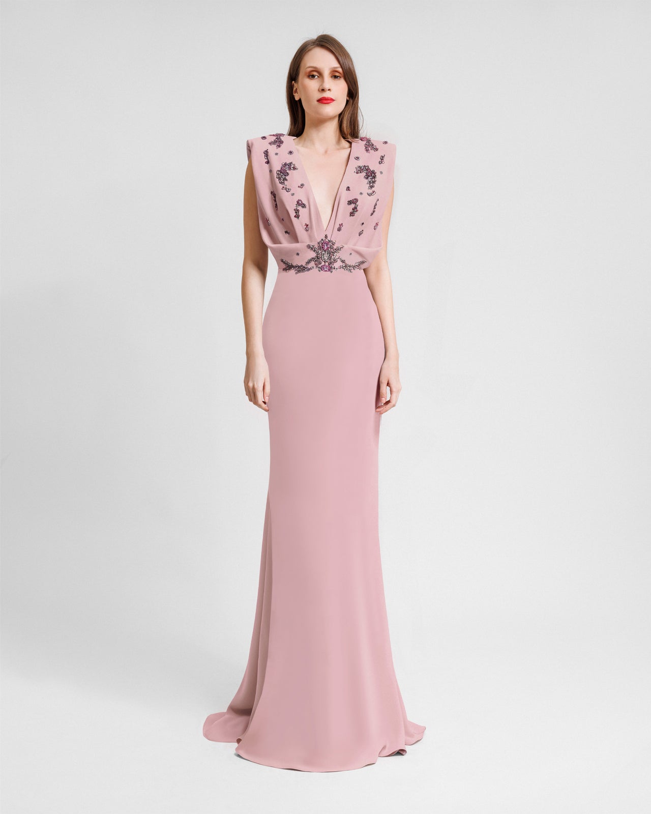 V-Neckline Crepe Long Dress