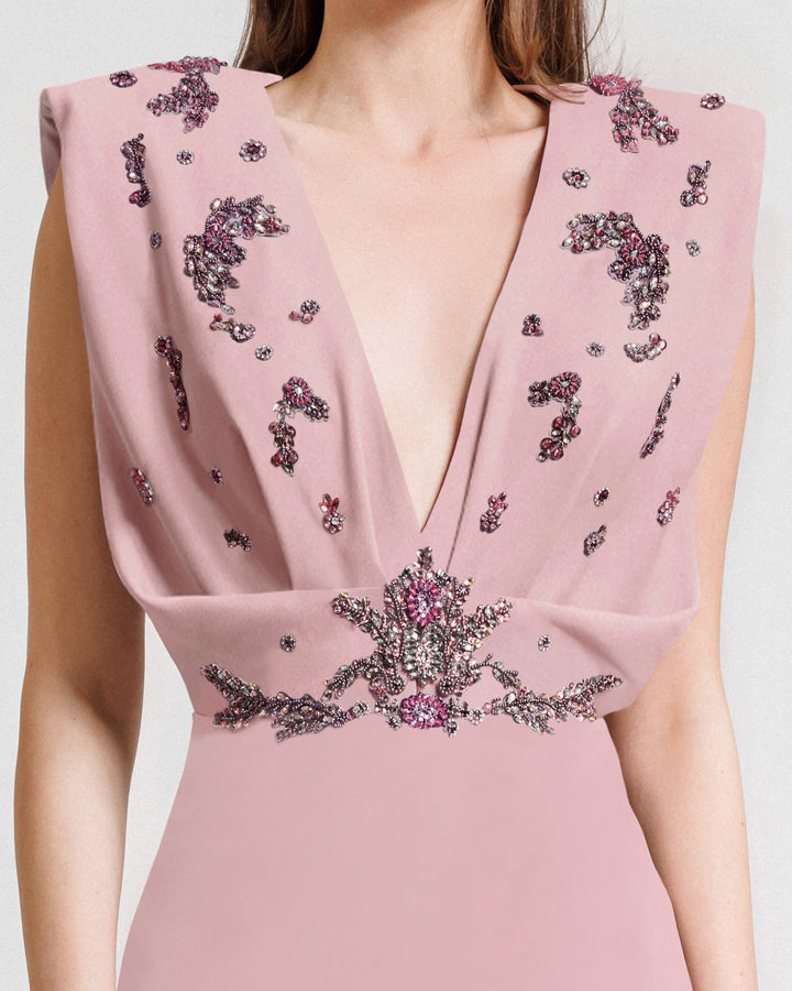 V-Neckline Crepe Long Dress