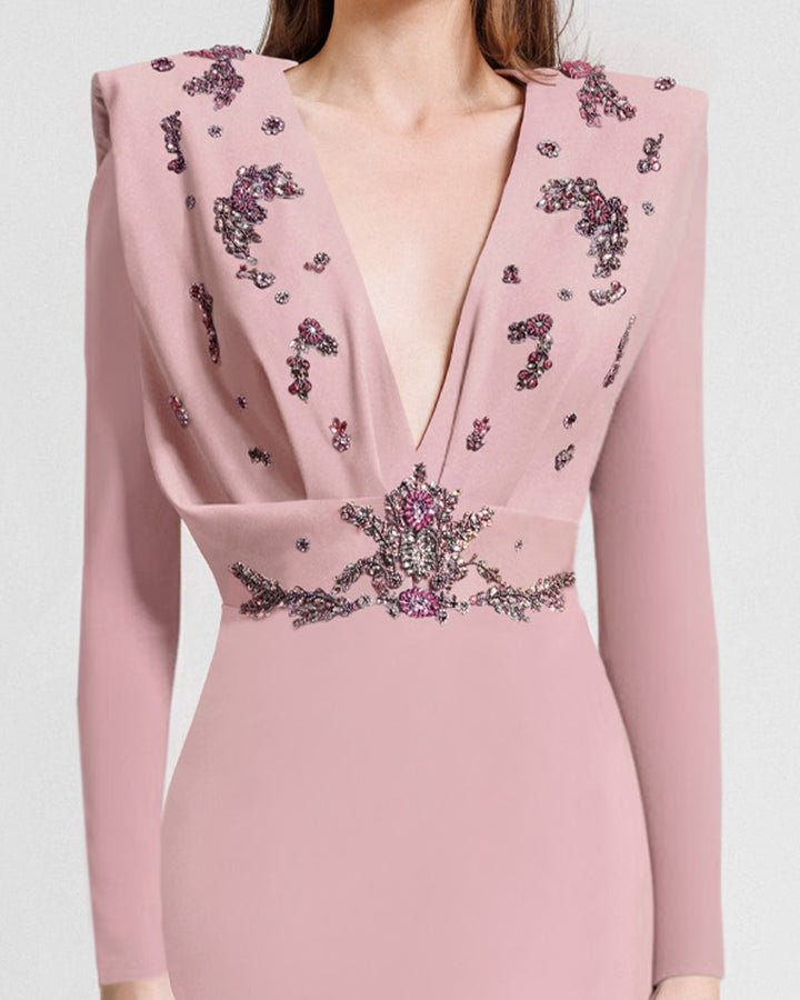 V-Neckline Crepe Long Dress