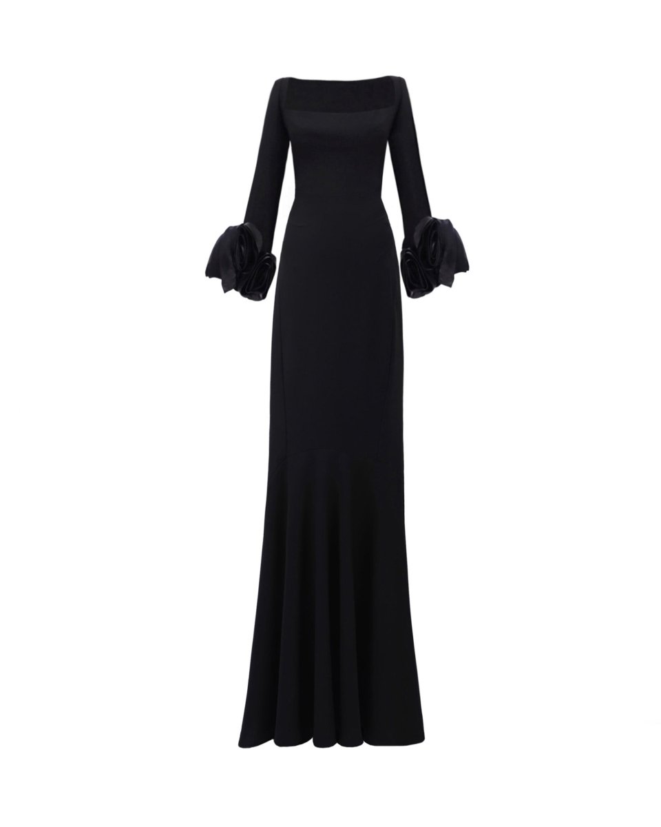Gemy Maalouf | Evening Dresses | Long Fitted Dress With Floral Cuffs Gemy Maalouf | Evening Dresses | Long Fitted Dress With Floral Cuffs