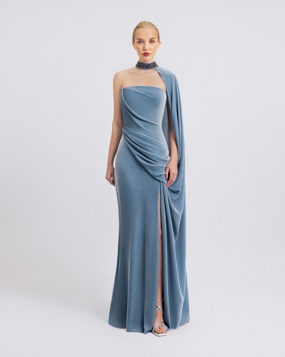 Draped Dress with Beaded Collar - Gemy Maalouf