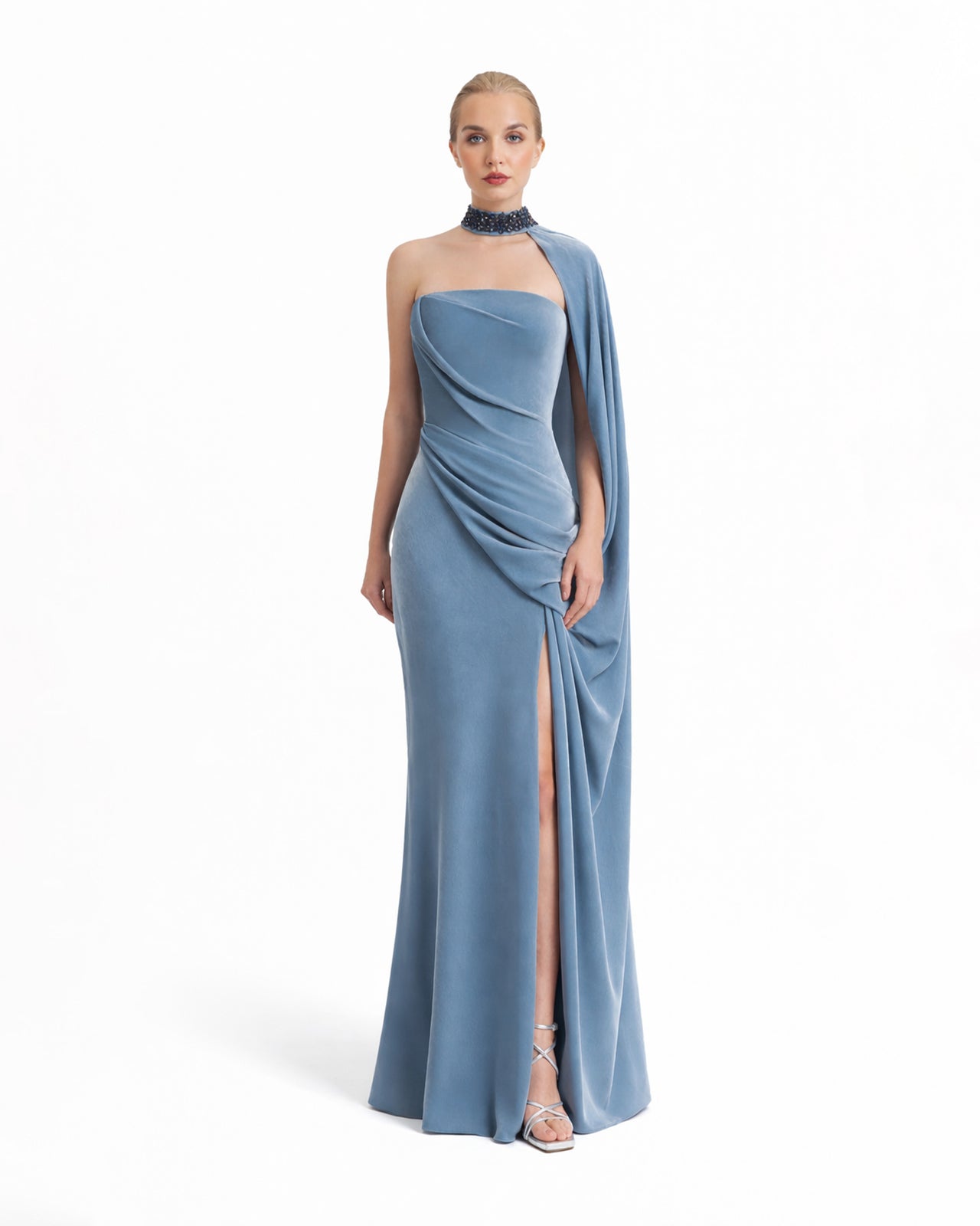 Draped Dress with Beaded Collar