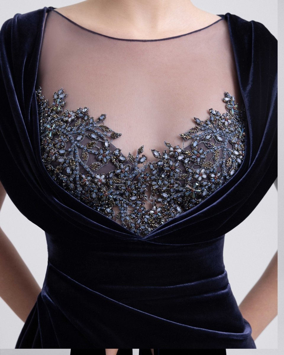 Draped Dress with Beaded Neckline - Gemy Maalouf