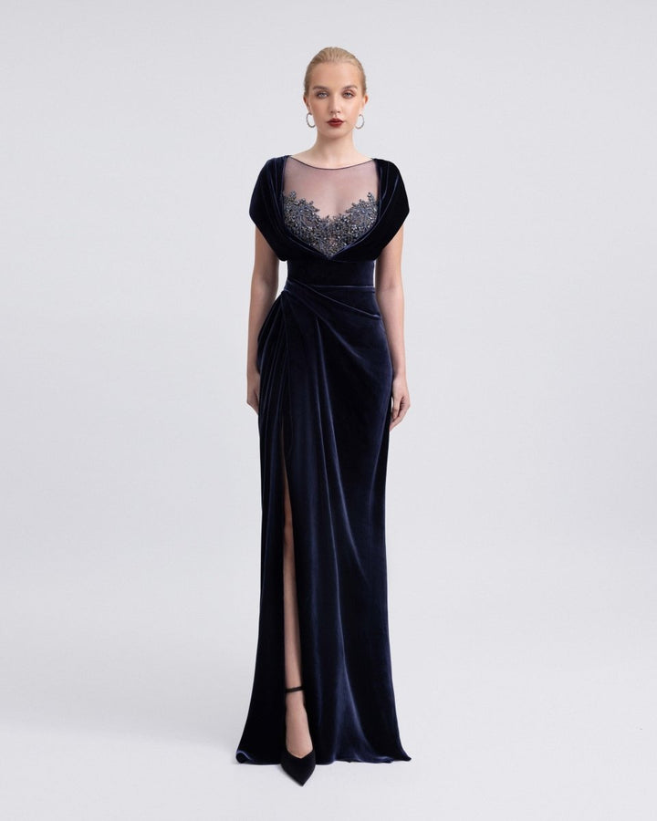 Draped Dress with Beaded Neckline - Gemy Maalouf