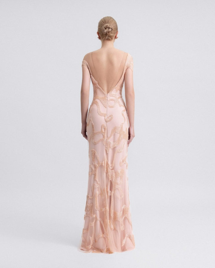 Asymmetrical Neckline Beaded Dress - Gemy Maalouf