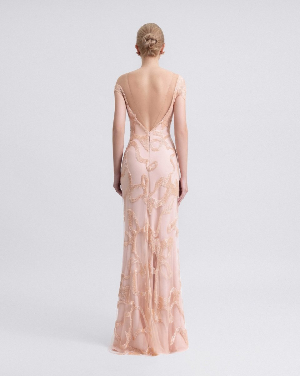 Asymmetrical Neckline Beaded Dress - Gemy Maalouf