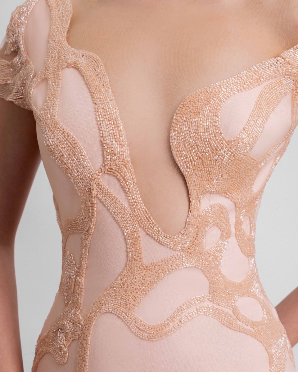 Asymmetrical Neckline Beaded Dress - Gemy Maalouf