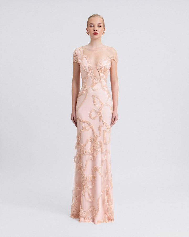 Asymmetrical Neckline Beaded Dress - Gemy Maalouf