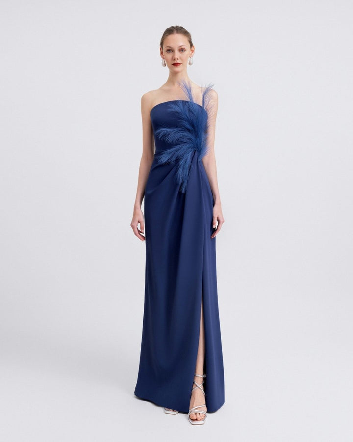 Strapless Feather - Detail Draped Dress - Gemy Maalouf