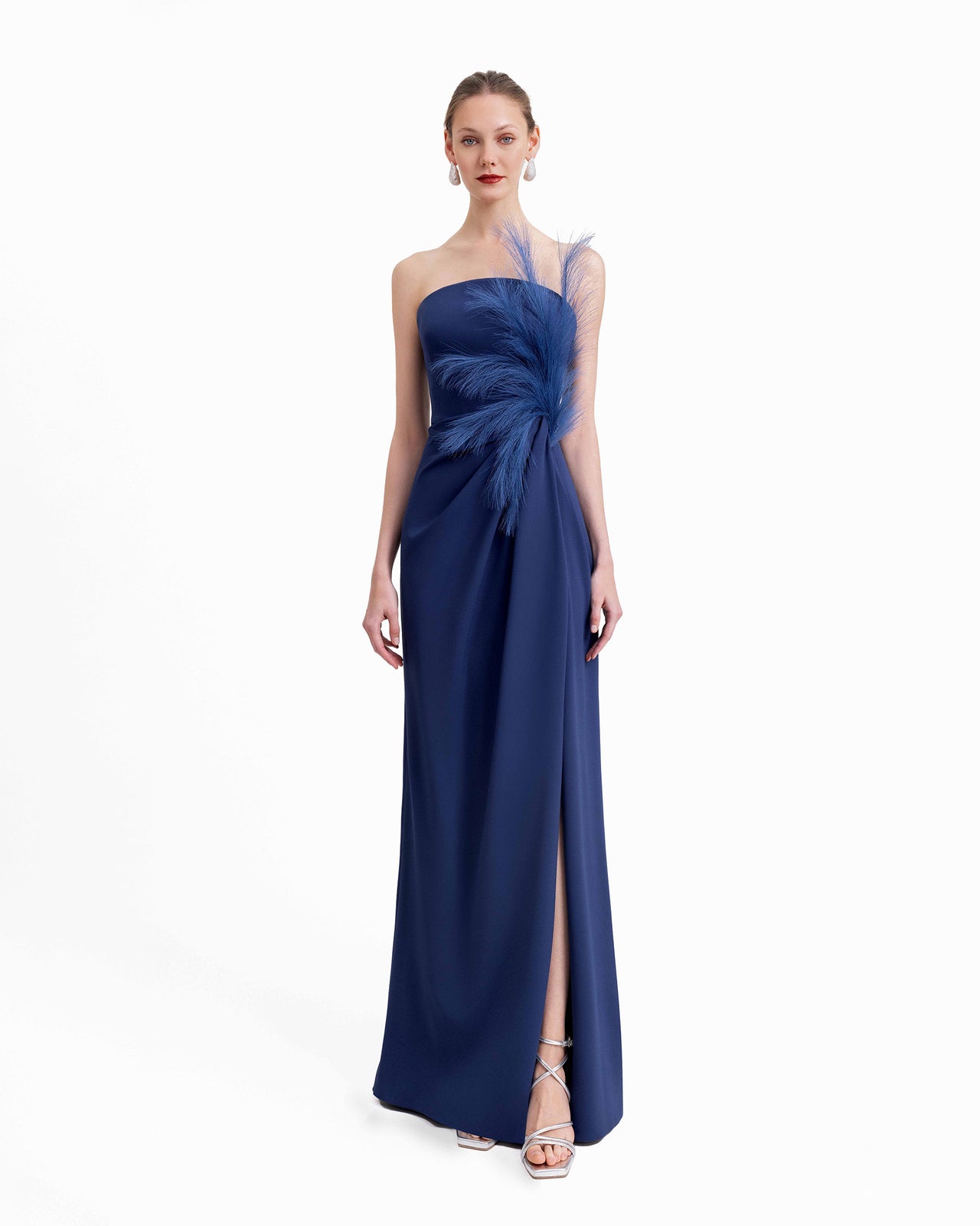 Strapless Feather-Detail Draped Dress