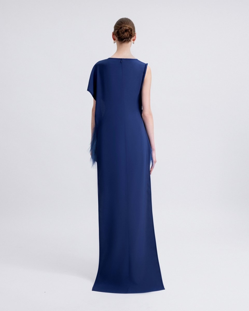 Feathered Dress with asymmetrical Draped Top - Gemy Maalouf