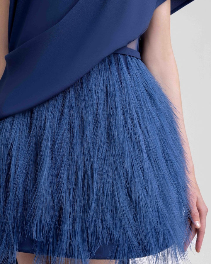 Feathered Dress with asymmetrical Draped Top - Gemy Maalouf