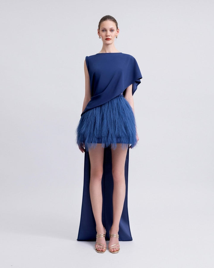 Feathered Dress with asymmetrical Draped Top - Gemy Maalouf
