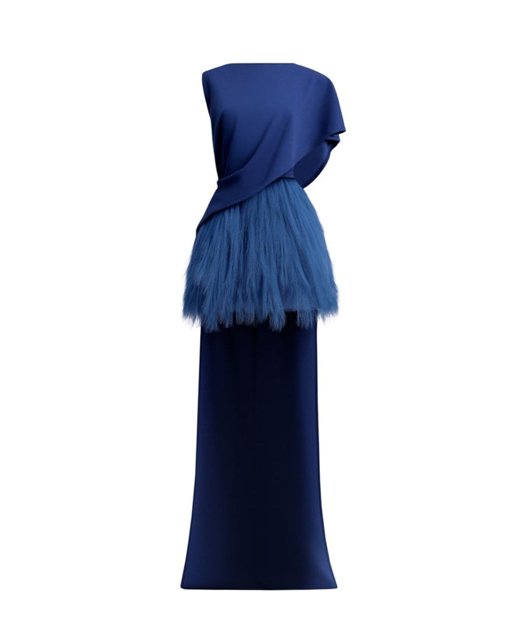Feathered Dress with asymmetrical Draped Top - Gemy Maalouf