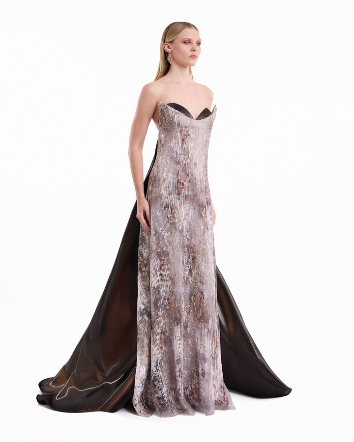 Strapless Sculpted Neck Printed Dress