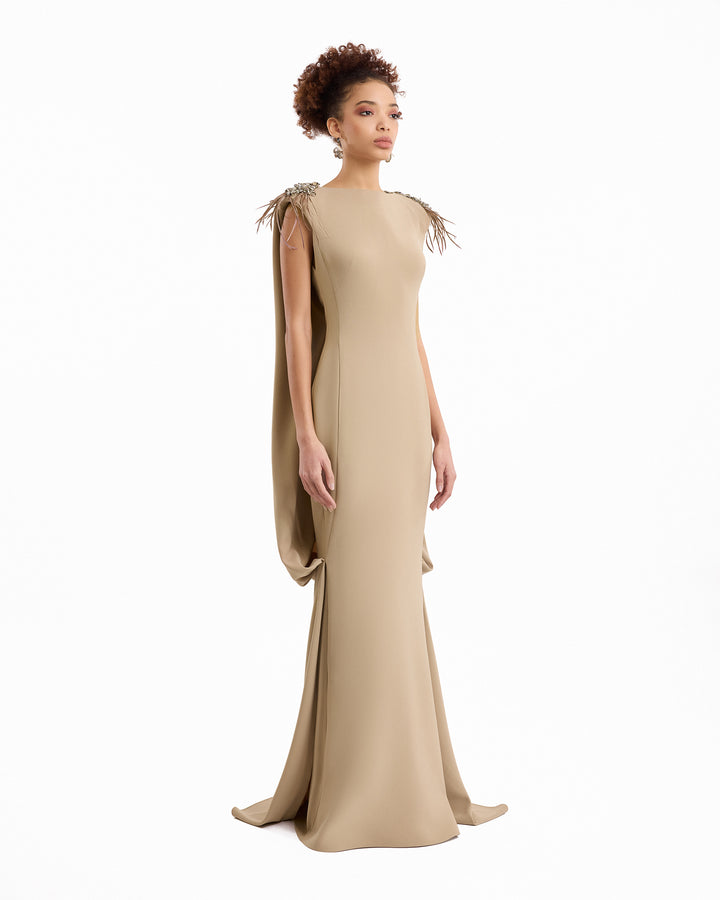 Feather Beaded Crepe Dress