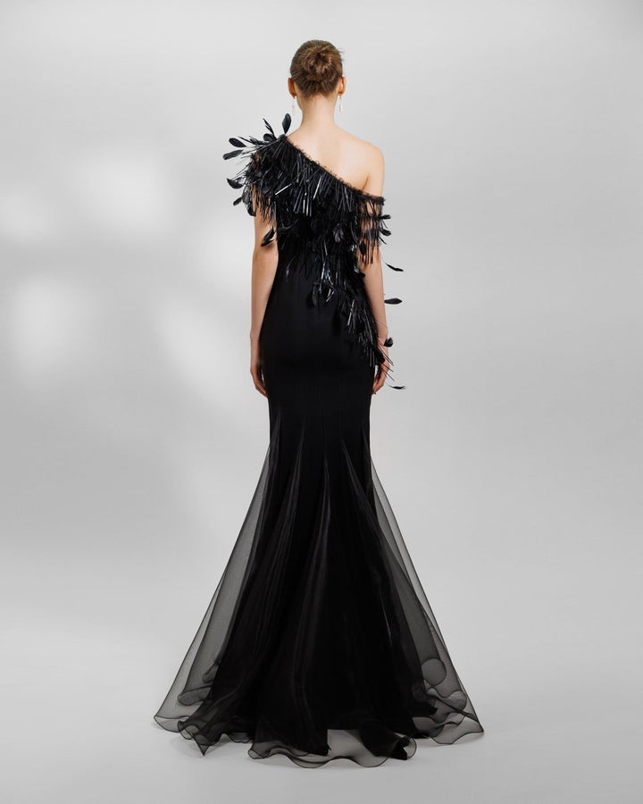 Asymmetrical Feather Neckline Dress - Gemy Maalouf