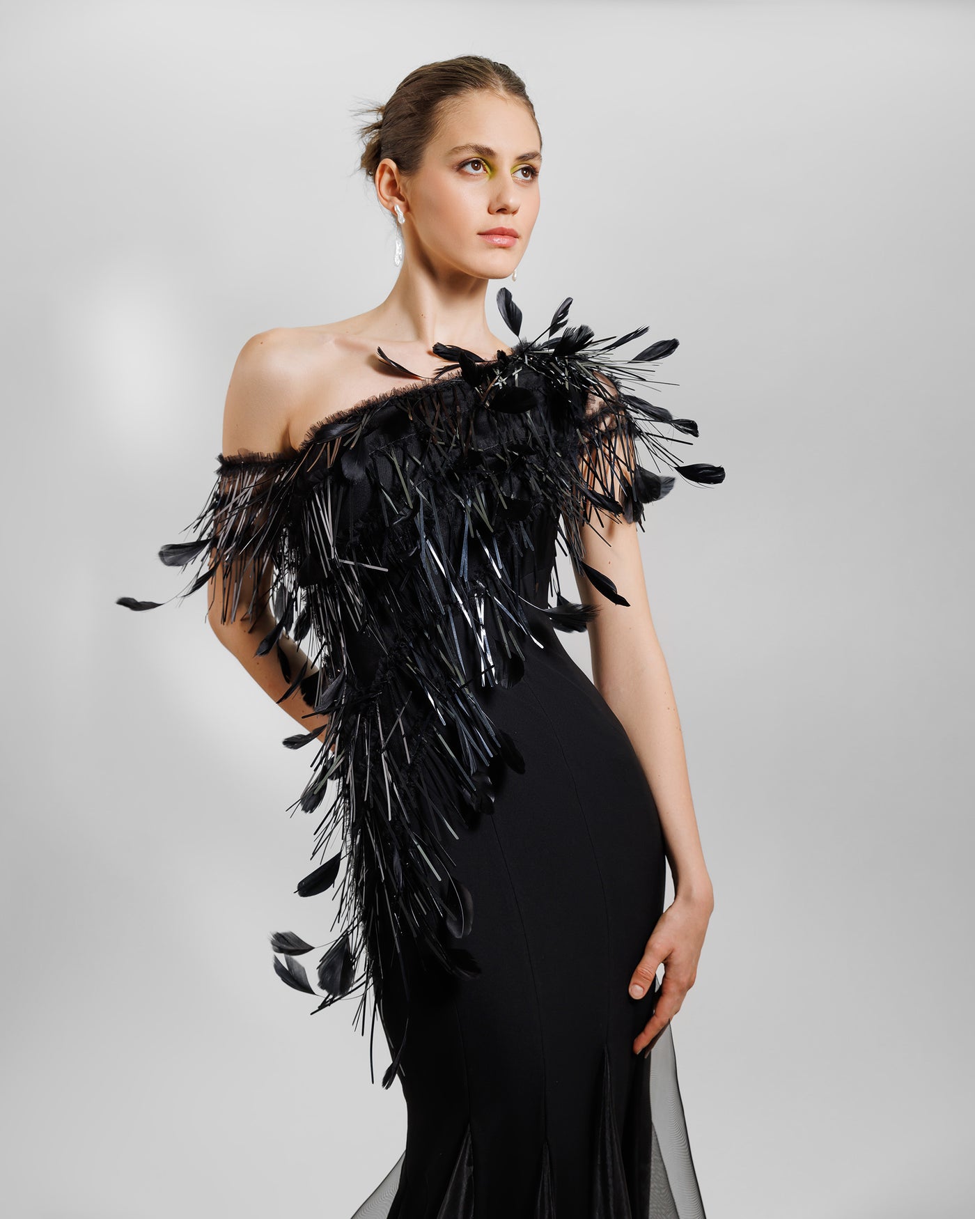 Asymmetrical Feather Neckline Dress