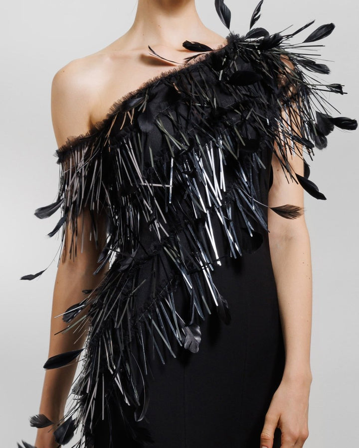 Asymmetrical Feather Neckline Dress - Gemy Maalouf