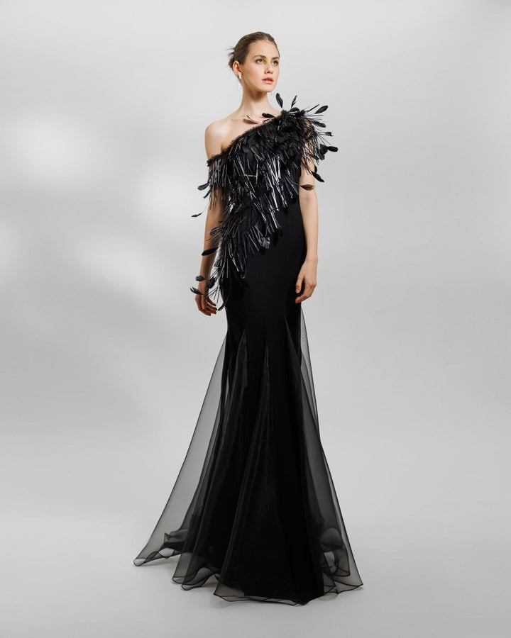 Asymmetrical Feather Neckline Dress - Gemy Maalouf