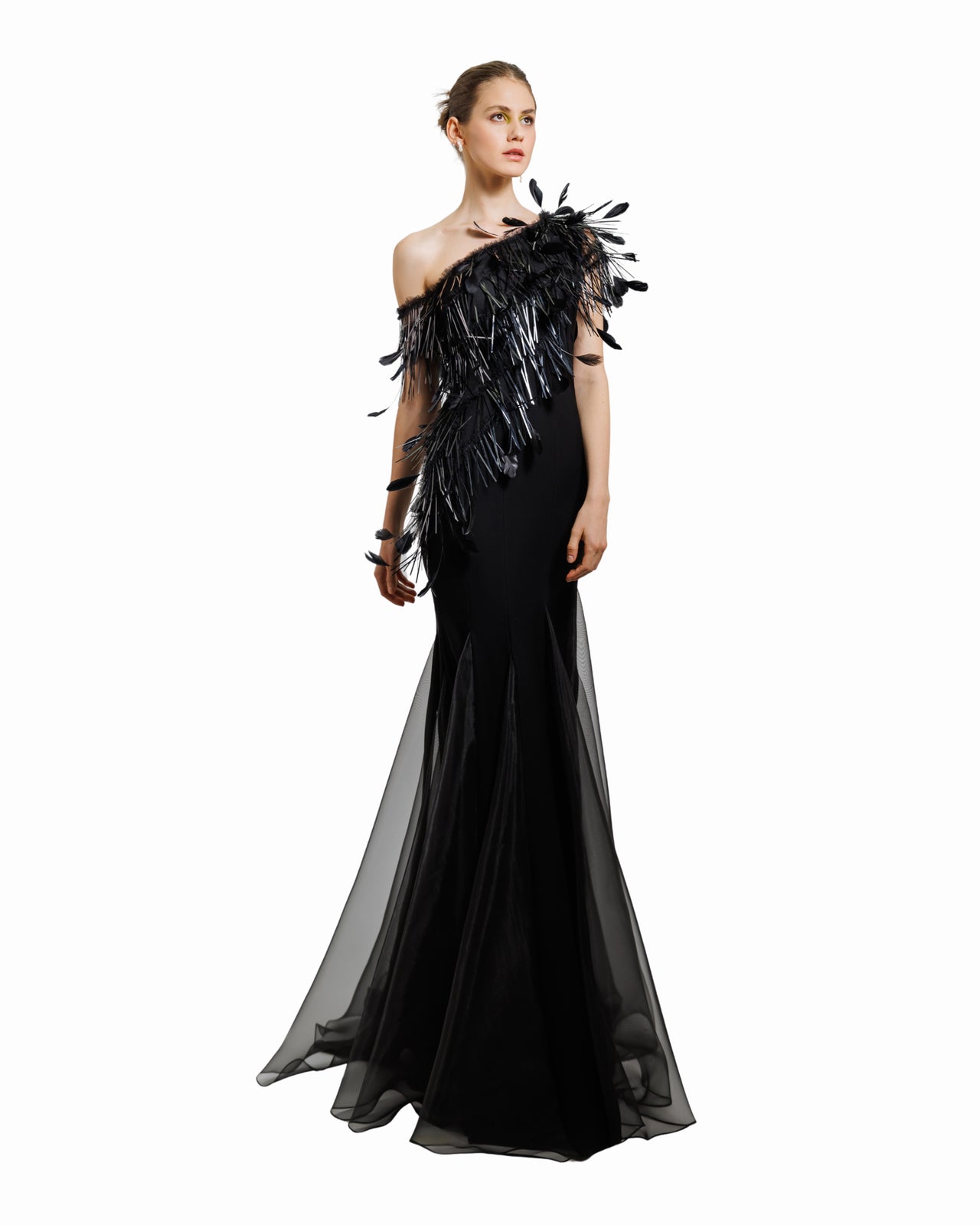 Asymmetrical Feather Neckline Dress