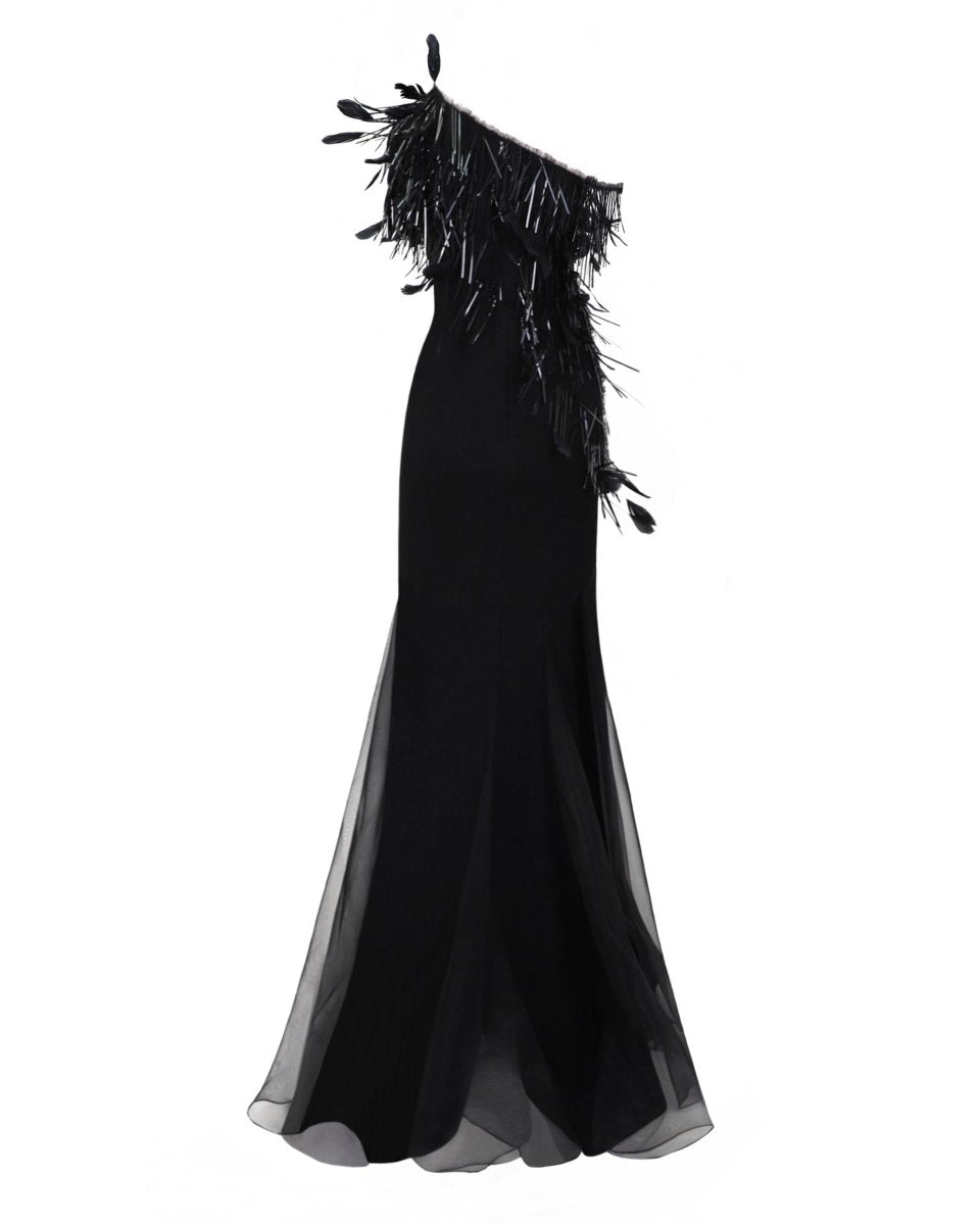 Asymmetrical Feather Neckline Dress - Gemy Maalouf