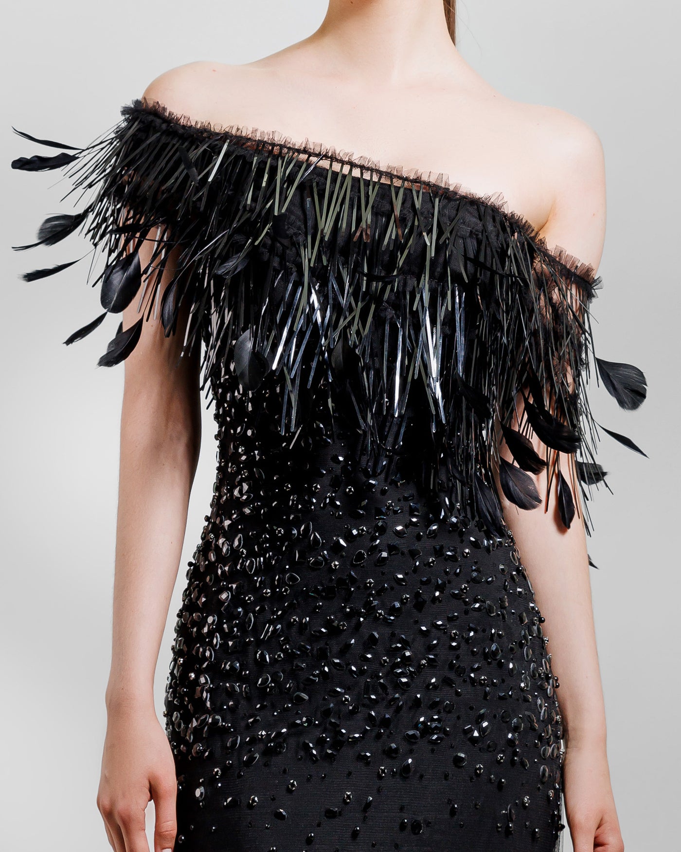Fully Beaded Dress With Feathers