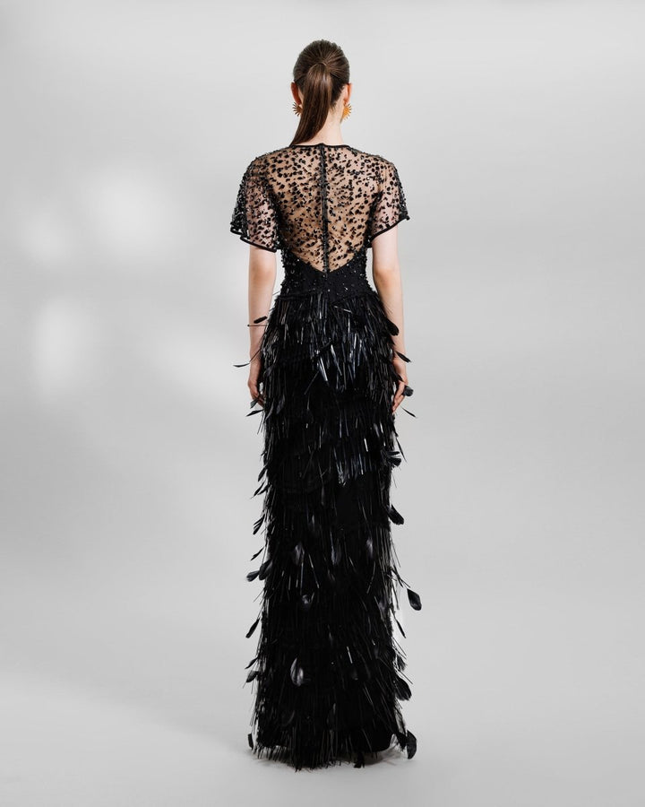 Beaded Corset Slim - Cut Feather Dress - Gemy Maalouf