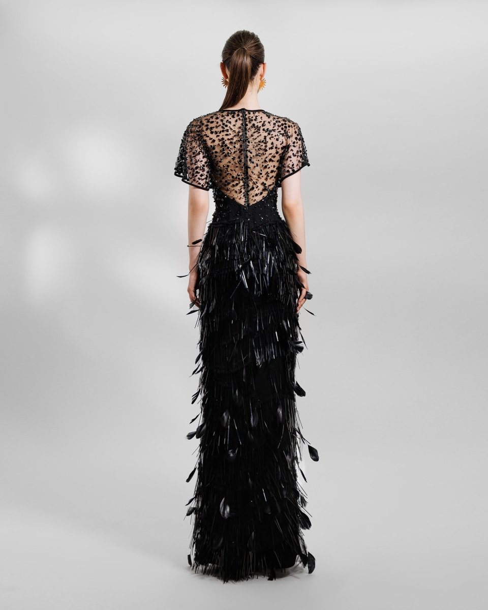 Beaded Corset Slim - Cut Feather Dress - Gemy Maalouf