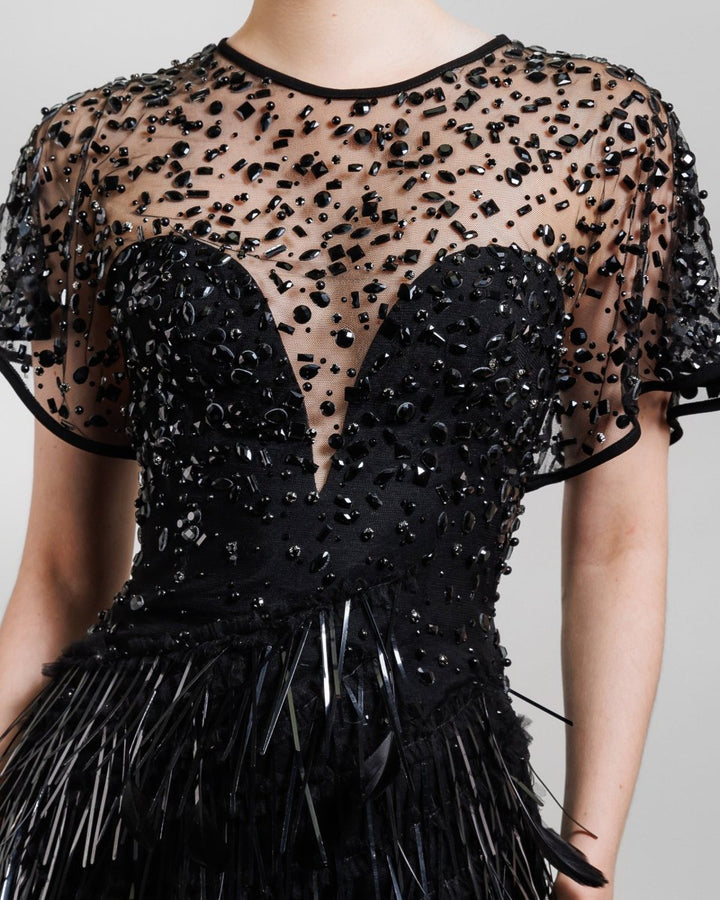 Beaded Corset Slim - Cut Feather Dress - Gemy Maalouf