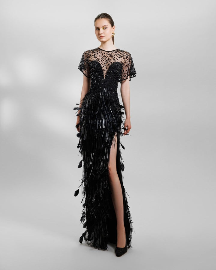 Beaded Corset Slim - Cut Feather Dress - Gemy Maalouf
