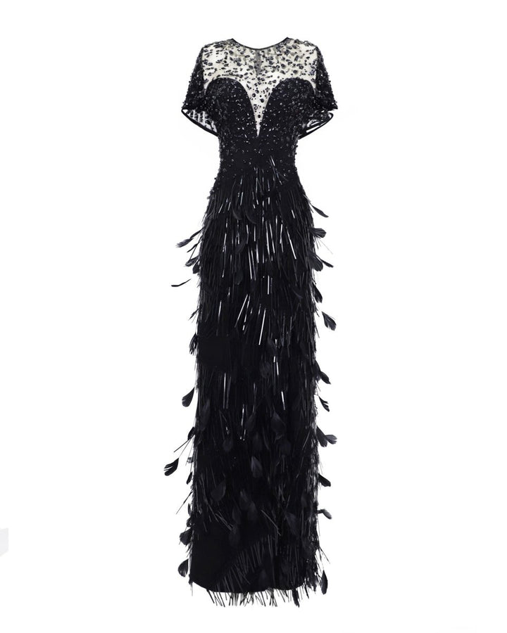Beaded Corset Slim - Cut Feather Dress - Gemy Maalouf