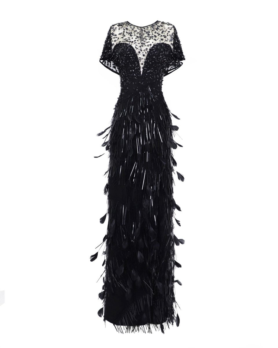Beaded Corset Slim - Cut Feather Dress - Gemy Maalouf