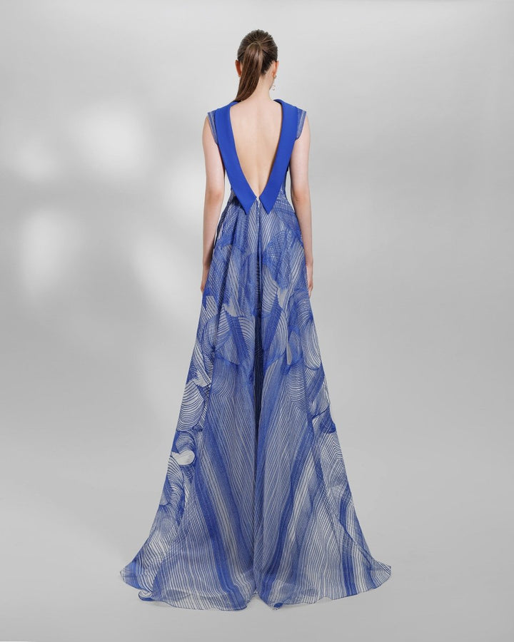 Royal blue Slim - Cut Embroidered Pattern Dress - Gemy Maalouf