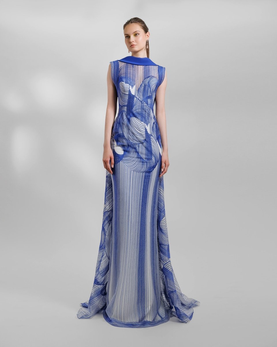 Royal blue Slim - Cut Embroidered Pattern Dress - Gemy Maalouf