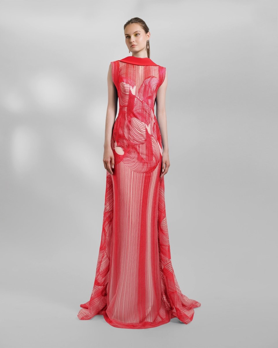Red Slim - Cut Embroidered Pattern Dress - Gemy Maalouf