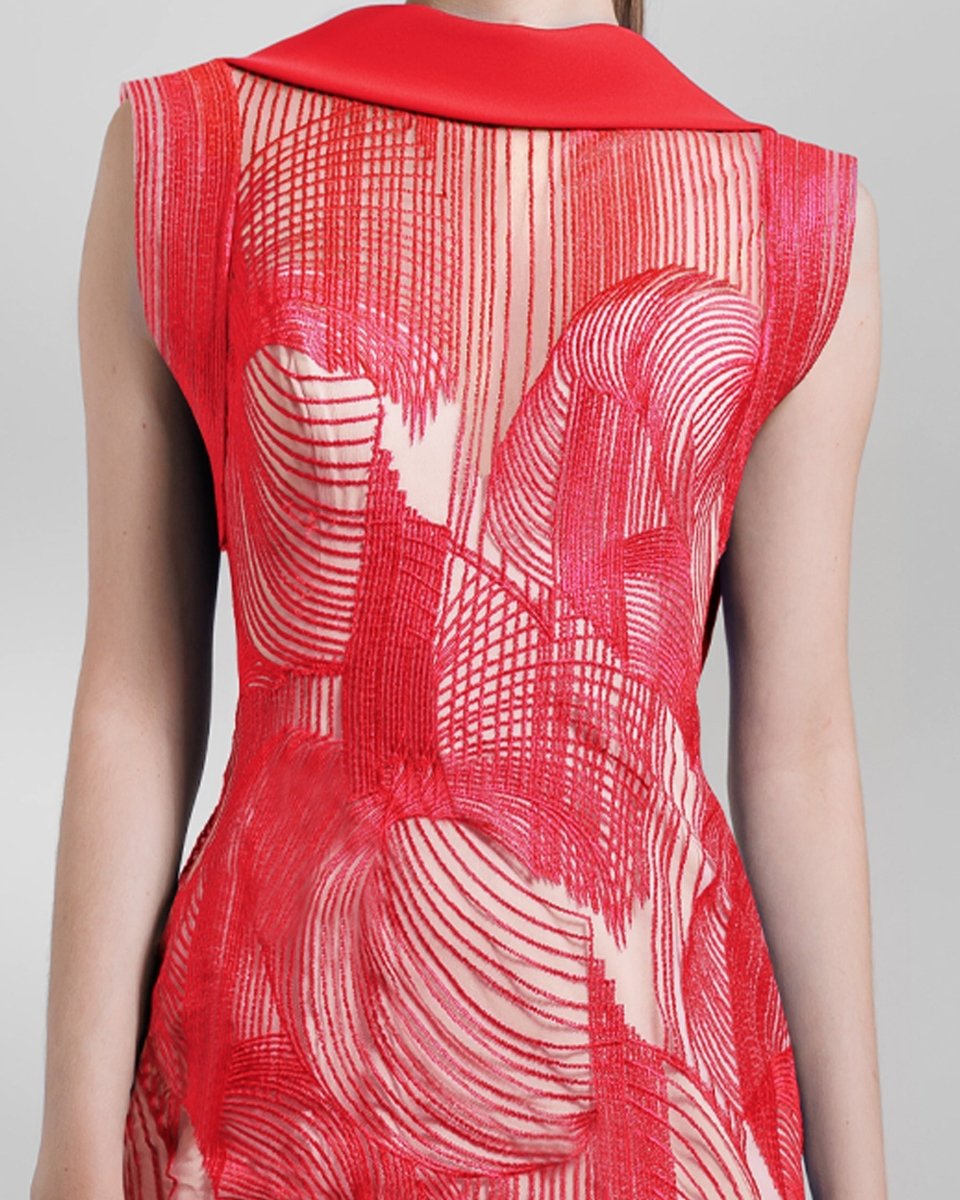 Red Slim - Cut Embroidered Pattern Dress - Gemy Maalouf