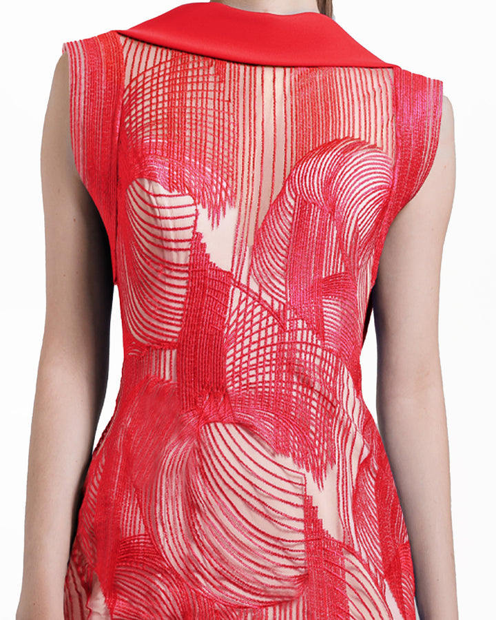 Red Slim-Cut Embroidered Pattern Dress