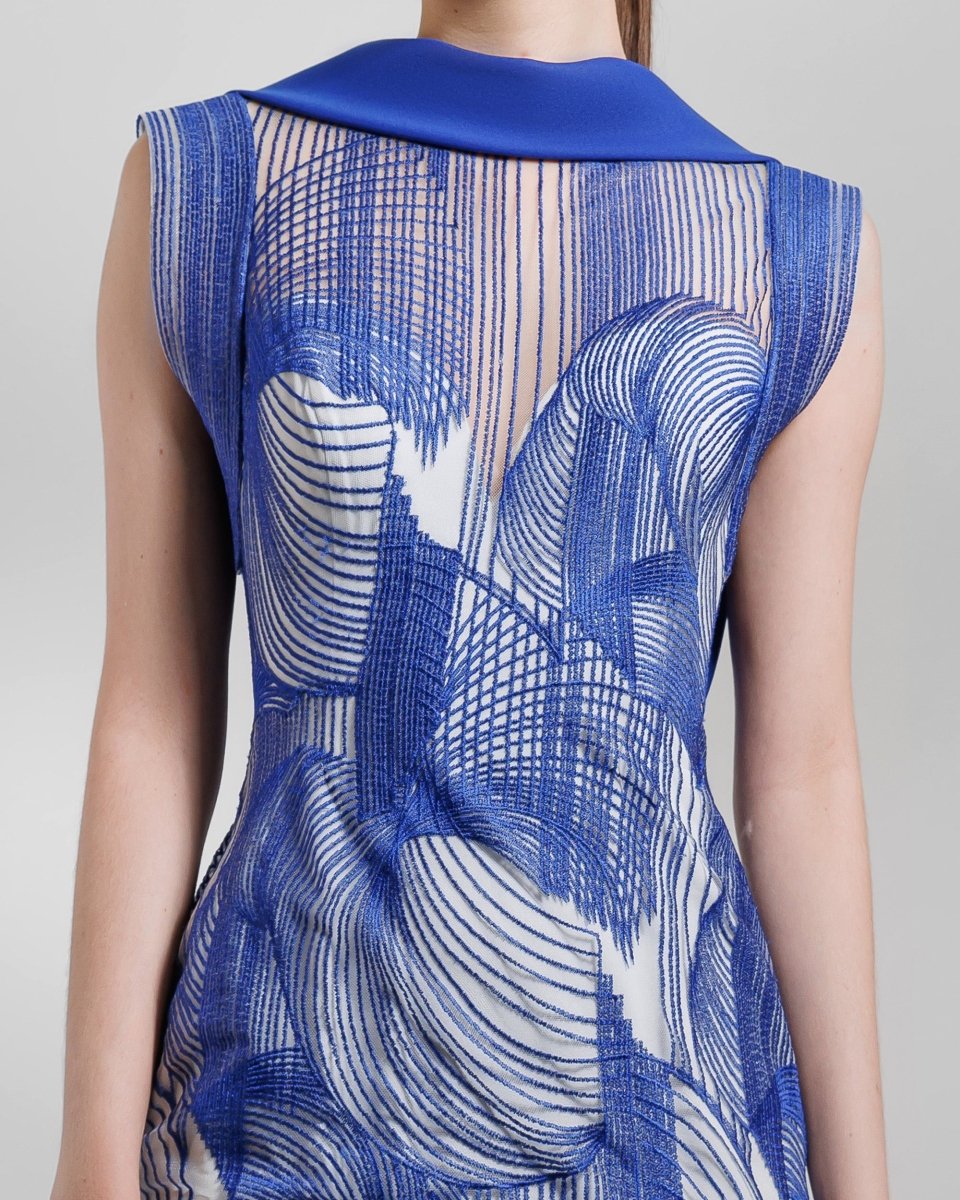 Royal blue Slim - Cut Embroidered Pattern Dress - Gemy Maalouf