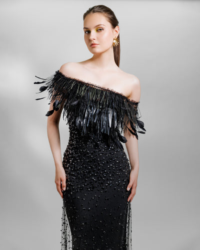 Fully Beaded Dress With Feathers